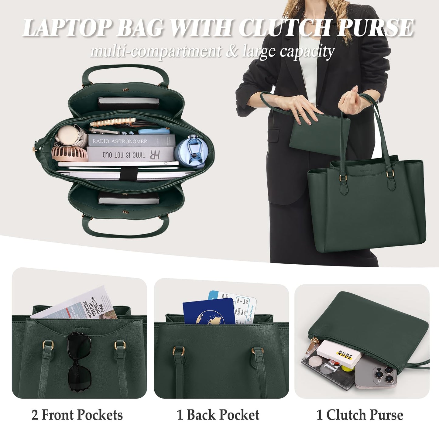RAINSMORE Laptop Bag for Women 15.6 Inch Work Tote Bags Waterproof Computer Bags Leather Professional Laptop Purse Womens Laptop Briefcase Large Handbag for Office Teacher Travel, Green