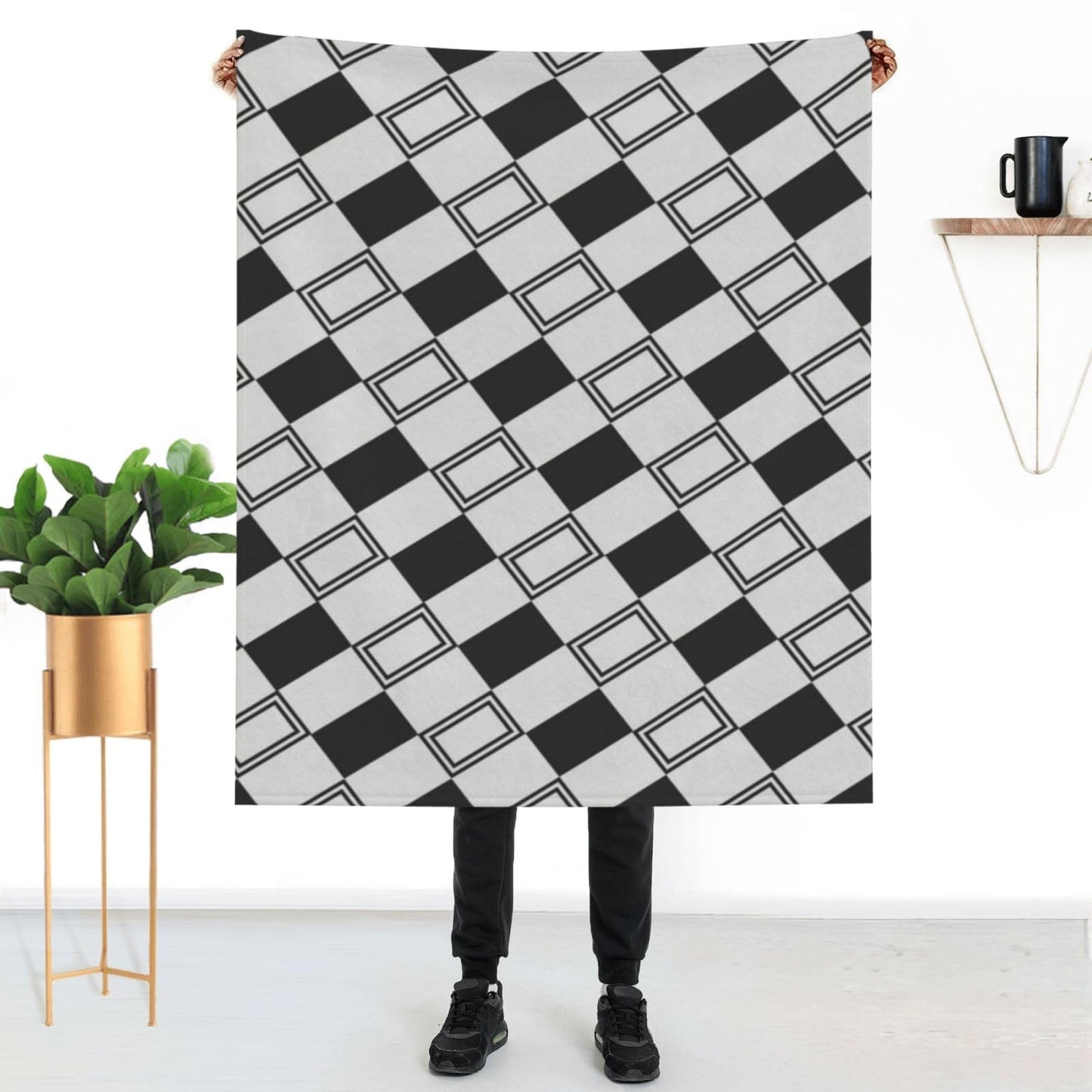 Coipdfty Checkered Blanket Plaid Throw Blanket Soft Cozy Flannel Blanket for Couch Bed (Black Oblique Rectangles, Throw 50"x60")