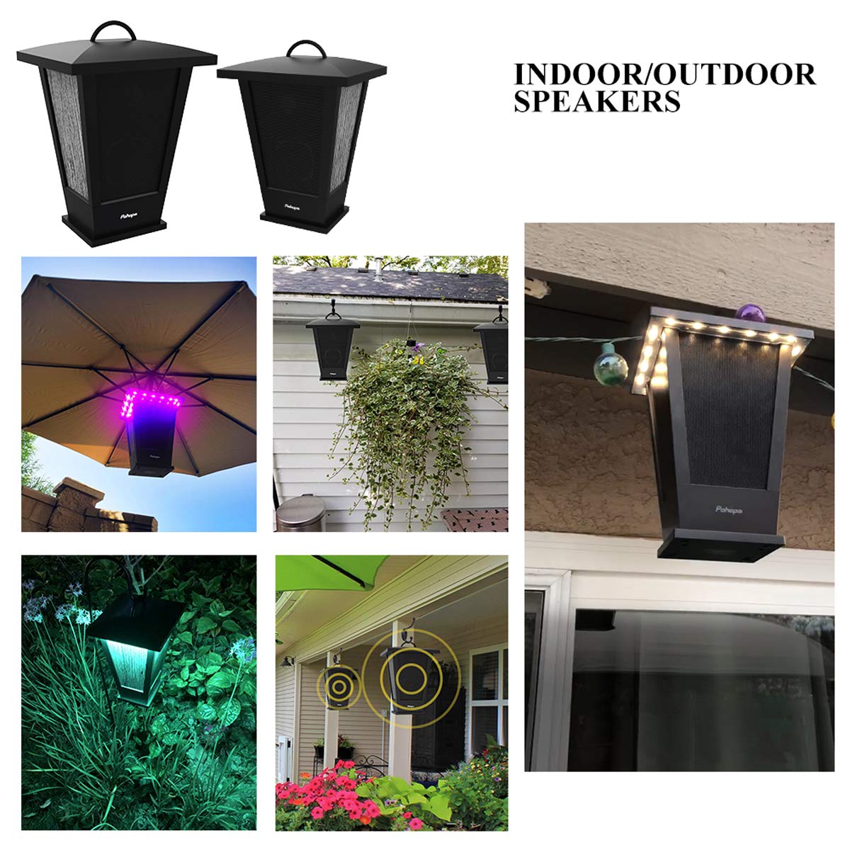 pohopa Bluetooth Speakers Waterproof, 2 Packs True Wireless Stereo Sound 20W Dual Pairing Lantern Outdoor Speakers with 20 Piece Sound Responsive LED Color Lights, Richer Bass, Black
