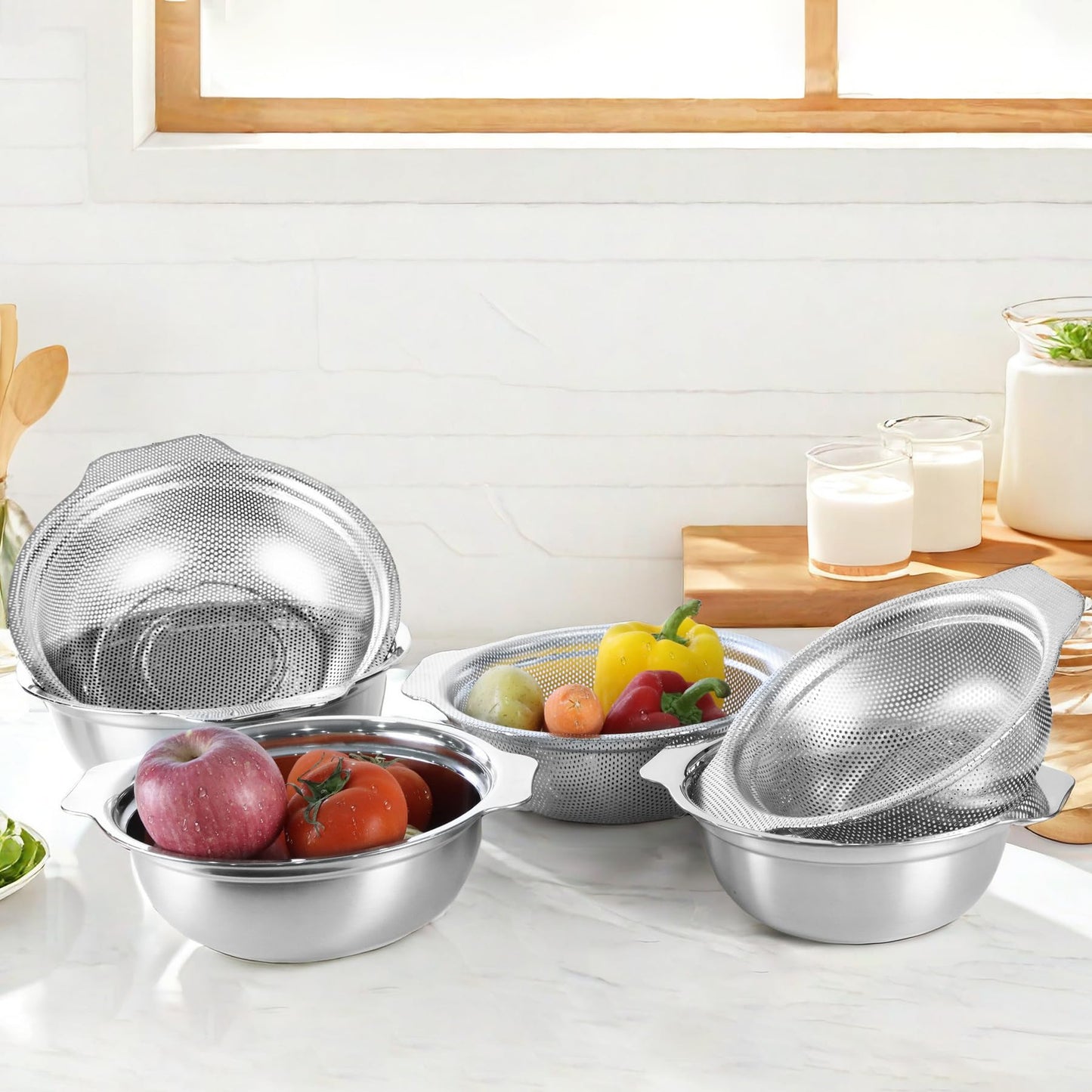 POPGRADE Stainless Steel Colander for Kitchen, 2.5QT Rice Washer Strainer with Mixing Bowl, Colander Bowl Set with Microporous for Washing Rice, Pasta, Spaghetti, Fruits, Dishwasher Safe(2PC)