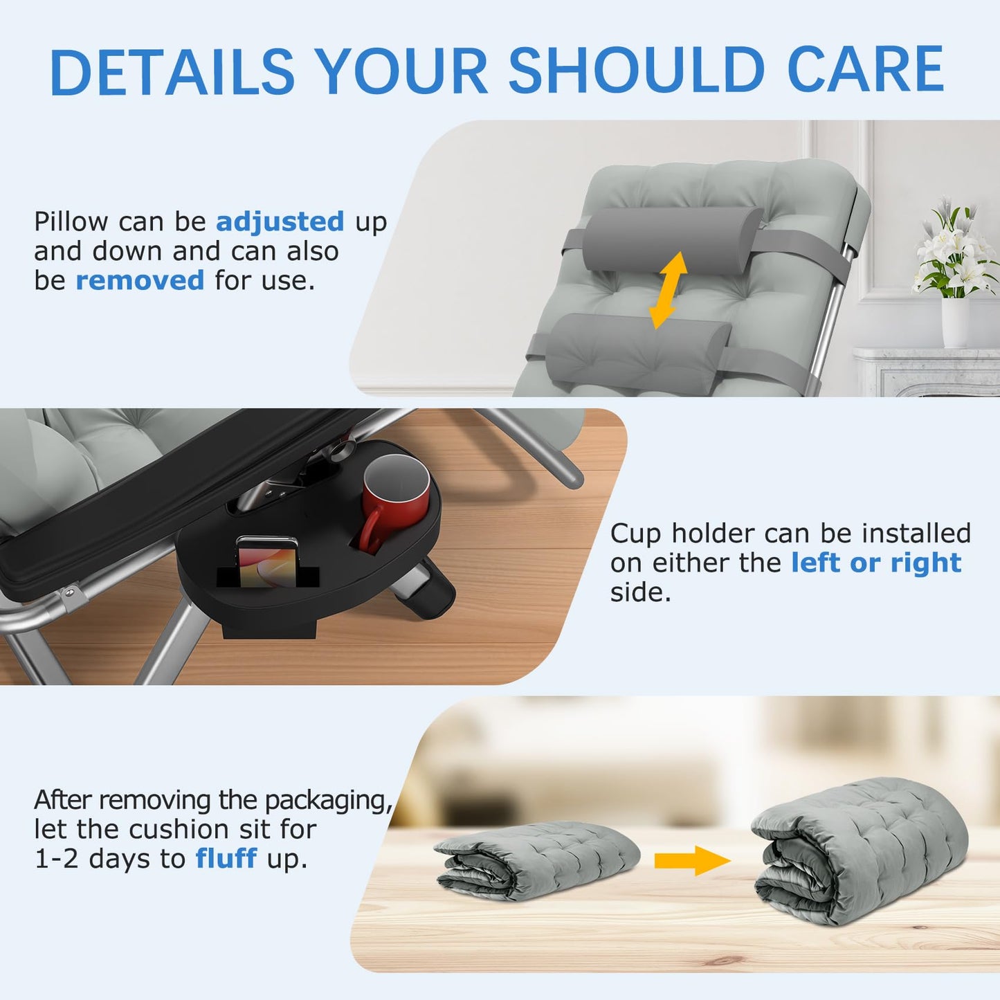 Slendor Zero Gravity Chair Lounge Chair Recliner w/Upgraded Lock and Removable Cushion, Reclining Camping Chair w/Cup Holder Tray & Headrest, Folding Reclining Patio Chairs for Indoor Outdoor, Gray