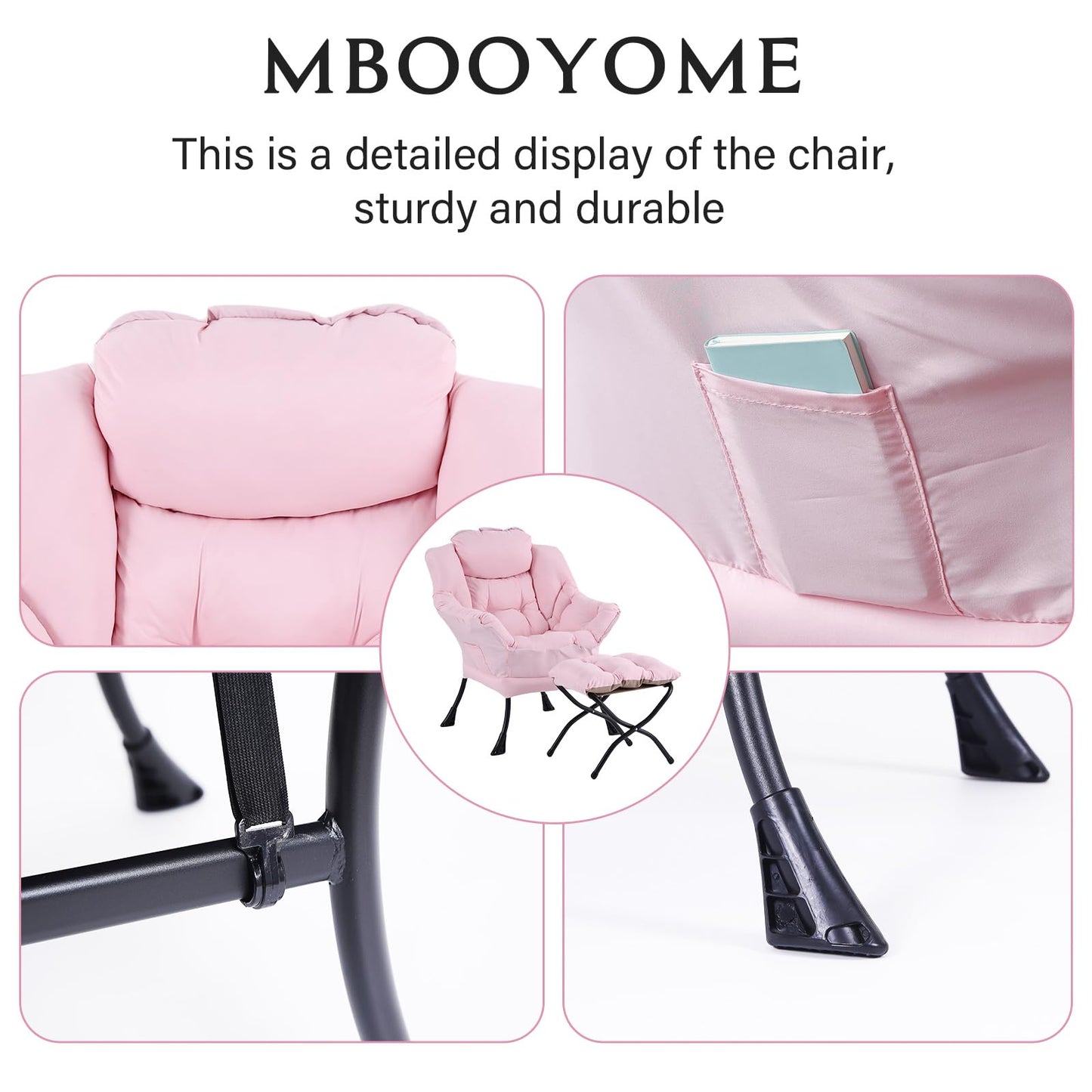 MBOOYOME Lazy Chair with Folding Ottoman, Modern Accent Lounge Armchair with Armrests and a Side Pocket & Foldable Footstool, Leisure Reading Chair for Living Room, Bedroom, Dorm & Office, Pink