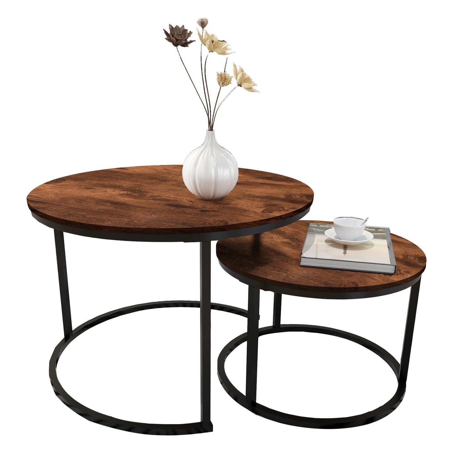 HOMERECOMMEND Round Coffee Table Set of 2 Modern Nesting Side End Table for Living Room,Round Wooden Coffee Table with Solid Powder-Coated Metal Frame, Rustic Brown/Black