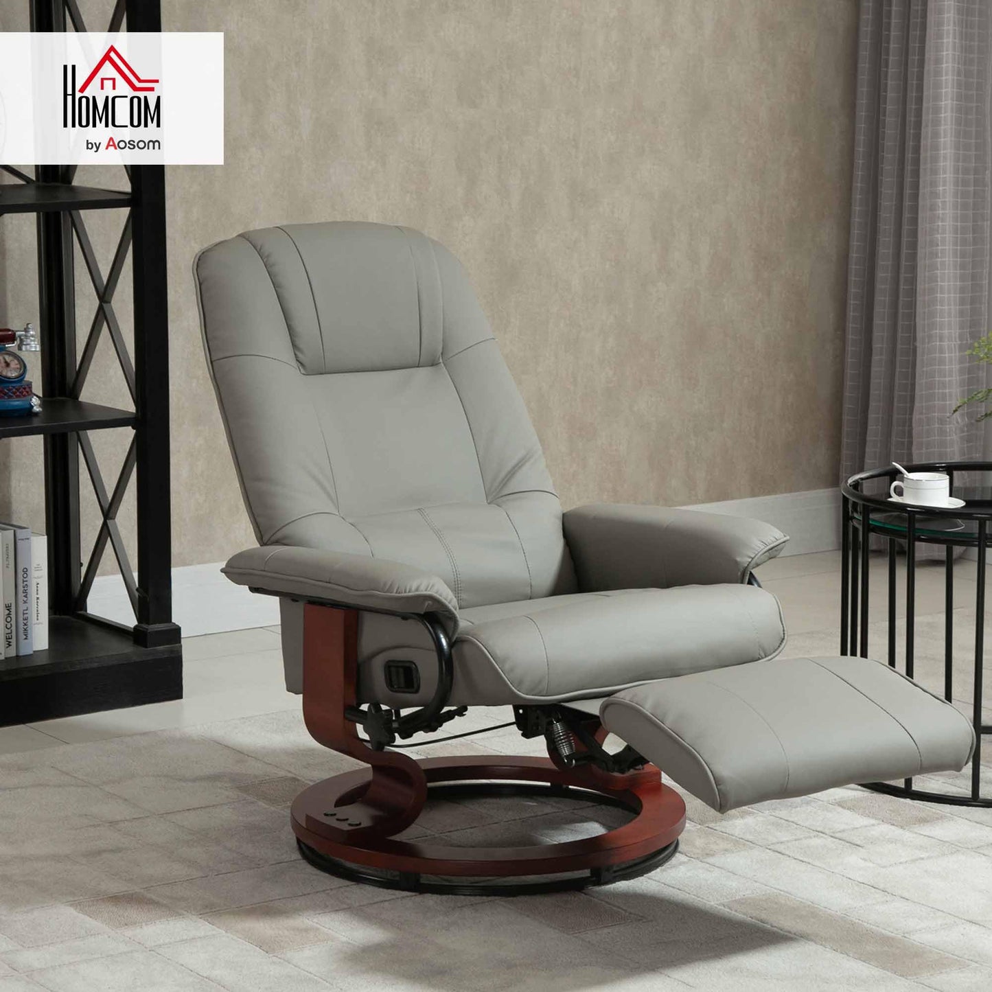 HOMCOM Faux Leather Manual Recliner, Adjustable Swivel Lounge Chair with Footrest, Armrest and Wrapped Wood Base for Living Room, Gray