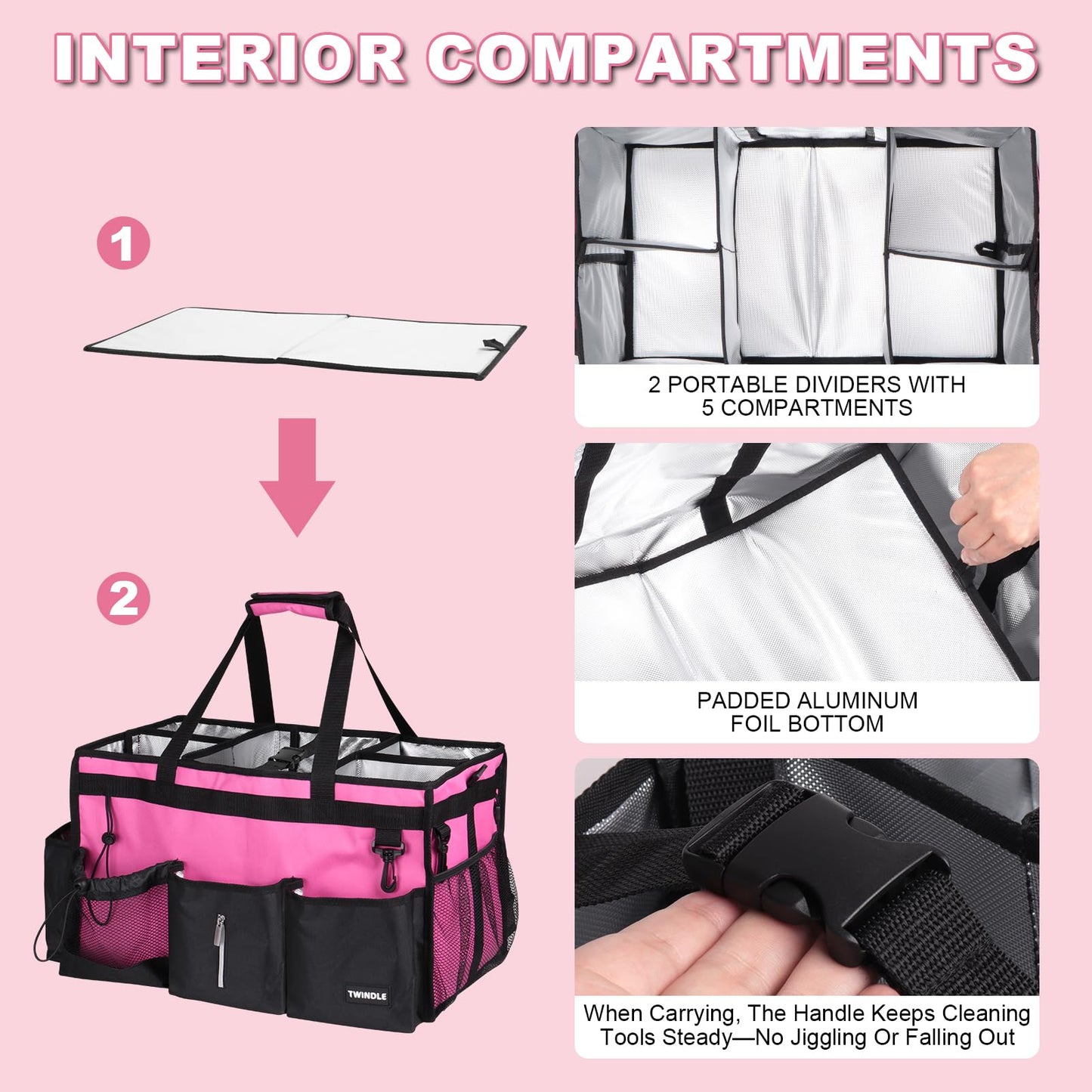 Extra-Large Cleaning Caddy With Detachable Divider,Cleaning Caddy For Cleaning Supplies,19.69" X 11.42" X 11.42" Large Cleaning Supply Caddy With Adjustable Shoulder Strap & Waist Belt For Cleaners