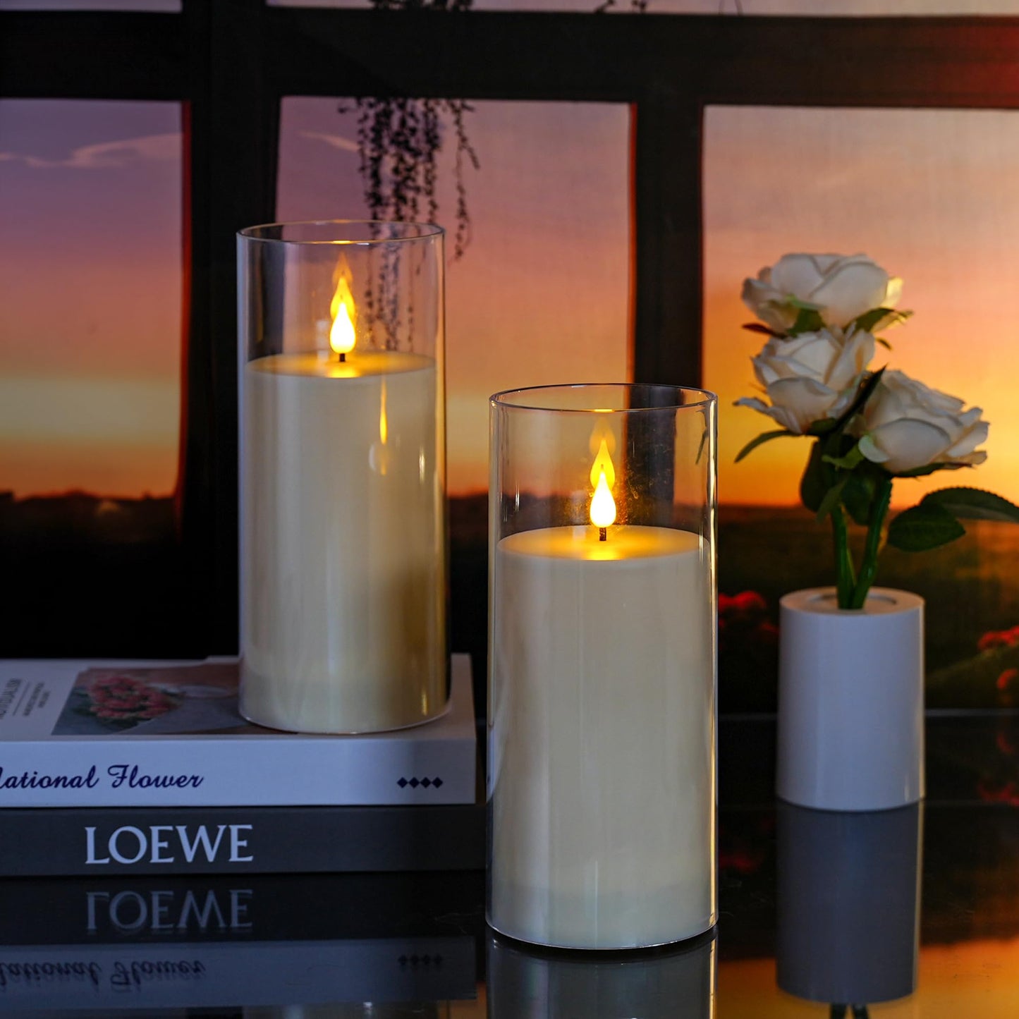 yunsheng 4" x 9" Outdoor Waterproof Flameless Candles with Remote & Cycle Timer, 2PCS Battery Operated Pillar Candles with Removable Acrylic Shell, Large LED Flickering Candles for Patio Decor, Ivory