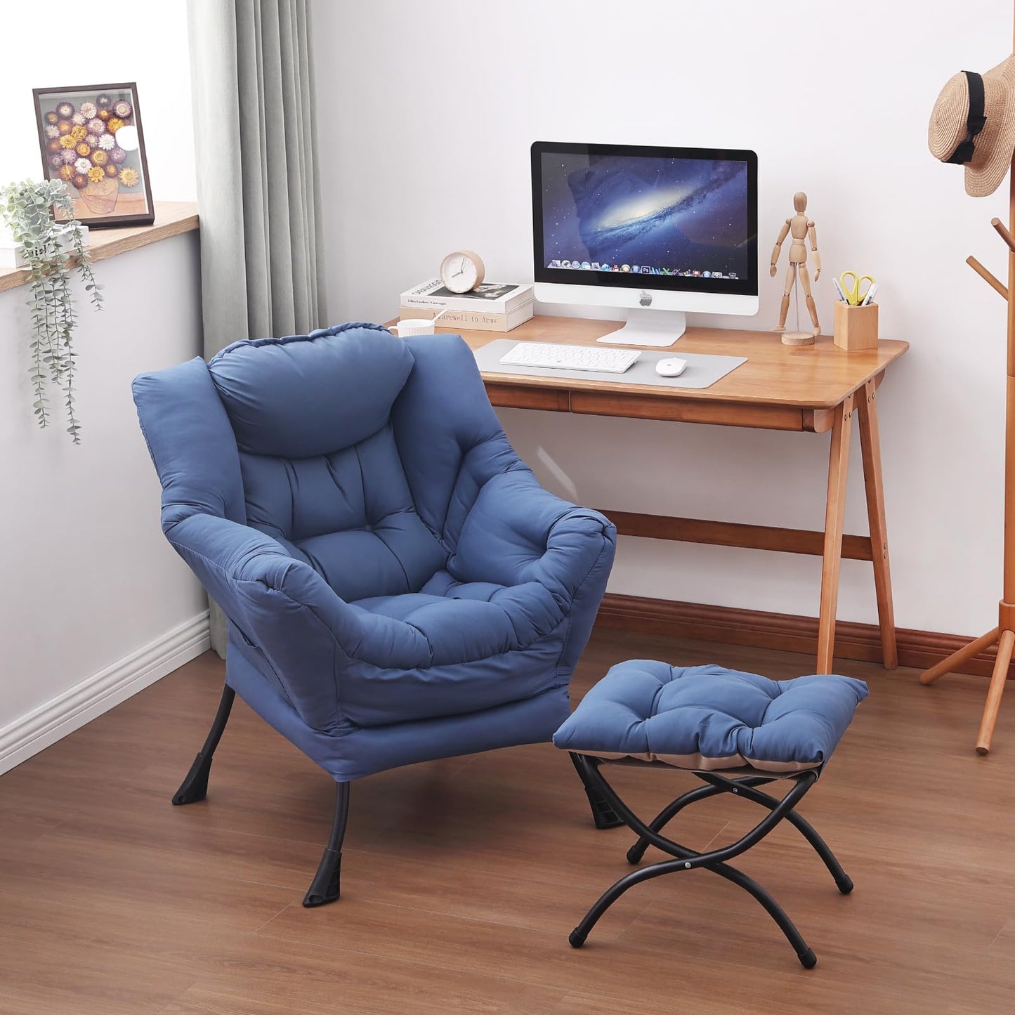 Givjoy Lazy Chair and Ottoman, Large Accent Lounge Chair with Armrests and a Side Pocket, Modern Leisure Upholstered Sofa Reading Armchair with Footrest for Bedroom, Living Room, Dorm Rooms, Office