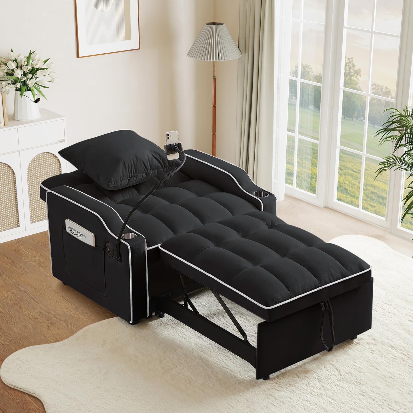 Convertible Sleeper Chair Sofa Bed,3 in 1 Velvet Tufted Pull Out Couch with Swivel Phone Holder & USB Ports,Futon Small Couch Bed w Cup Holders & Adjustable Backrest for Living Room,Small Place(Black)