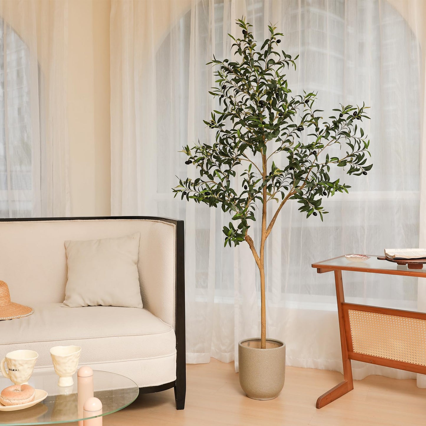 JUSTOYOU Olive Trees Artificial Indoor, 7FT Tall Faux Olive Tree Artificial Plants Potted Tree with Wood Branches and Fruits for Living Room Bedroom Modern Home Decor