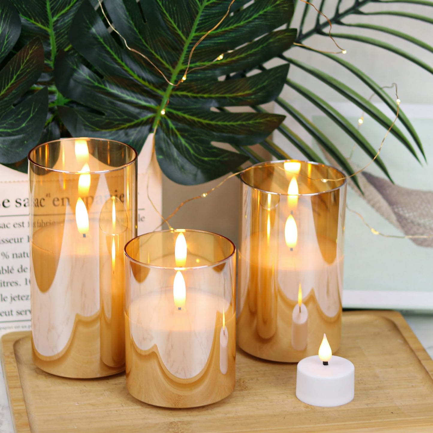 GenSwin Rechargeable LED Flameless Flickering Glass Candles with Remote Timer, Battery Operated Pillar Candles Long Lasting Gold Real Wax USB Candle (D 3”×H 4”5”6”)