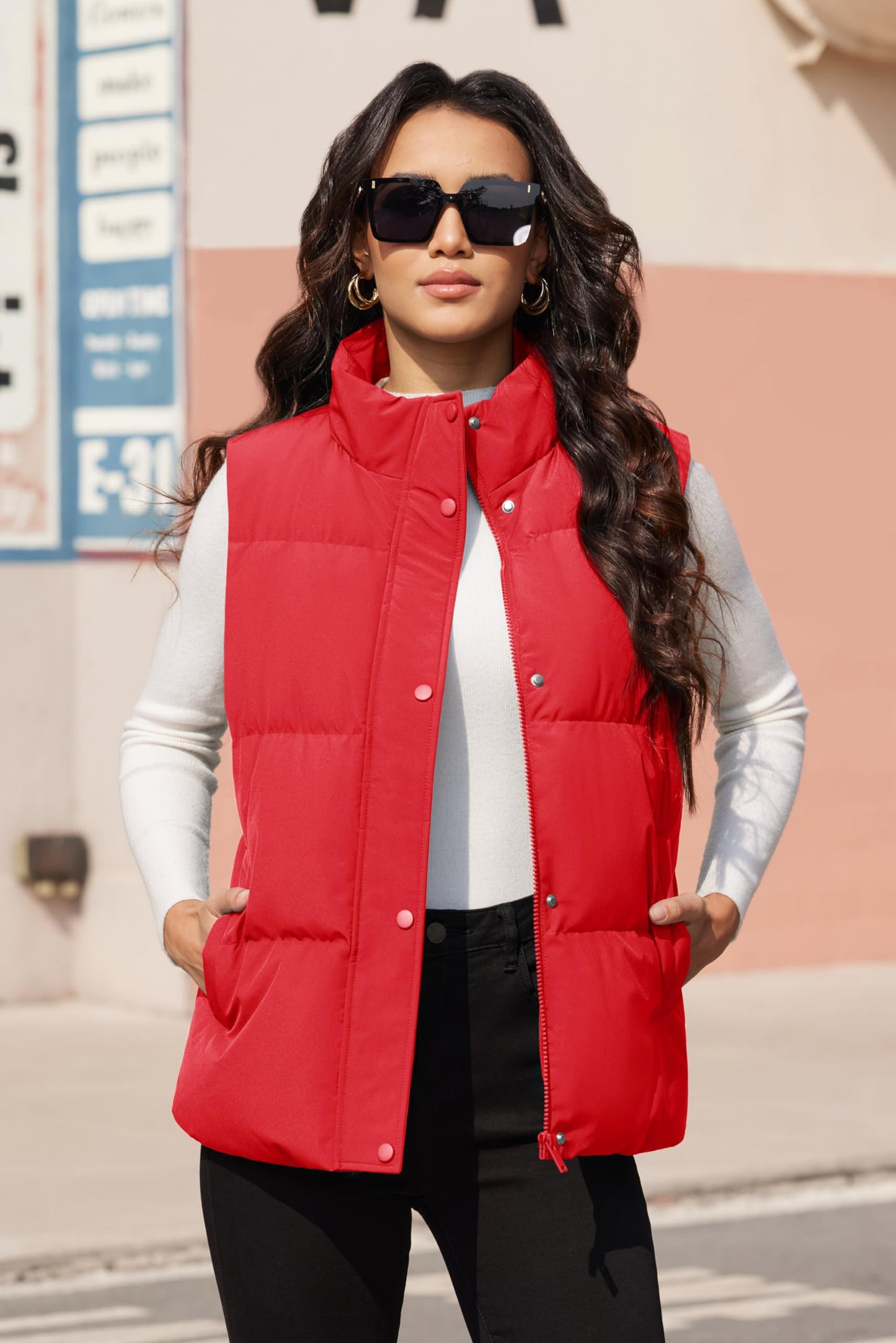 MAGCOMSEN Women Lightweight Down Vest Sleeveless Warm Puffy Quilted Puffer Vests Oversized Outerwear Fall Winter Jackets Water-Resistant Red