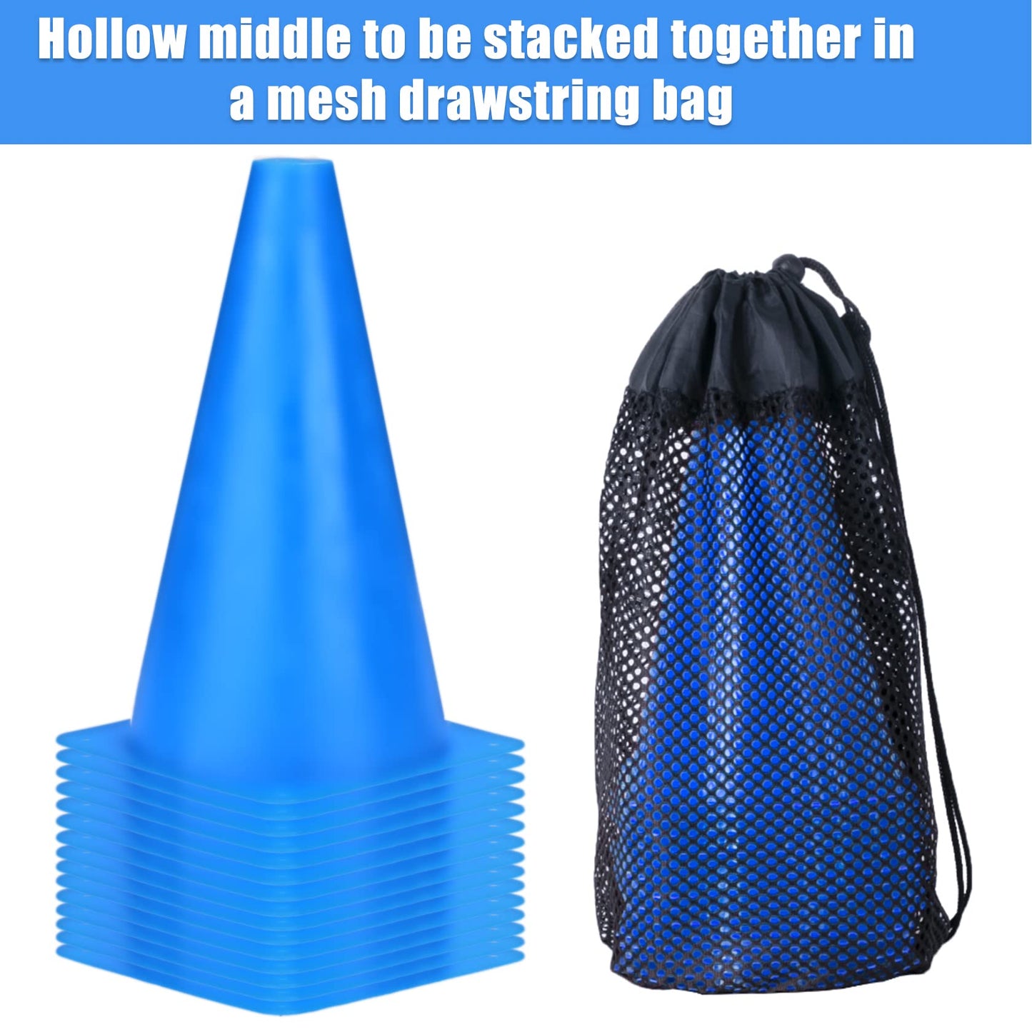 cyrico 9 Inch Cones Sports, 15 Pack Soccer Training Cones Agility Field Parking Safety Blue Plastic Traffic Cones for Football Basketball Drills, Indoor and Outdoor Games Activity