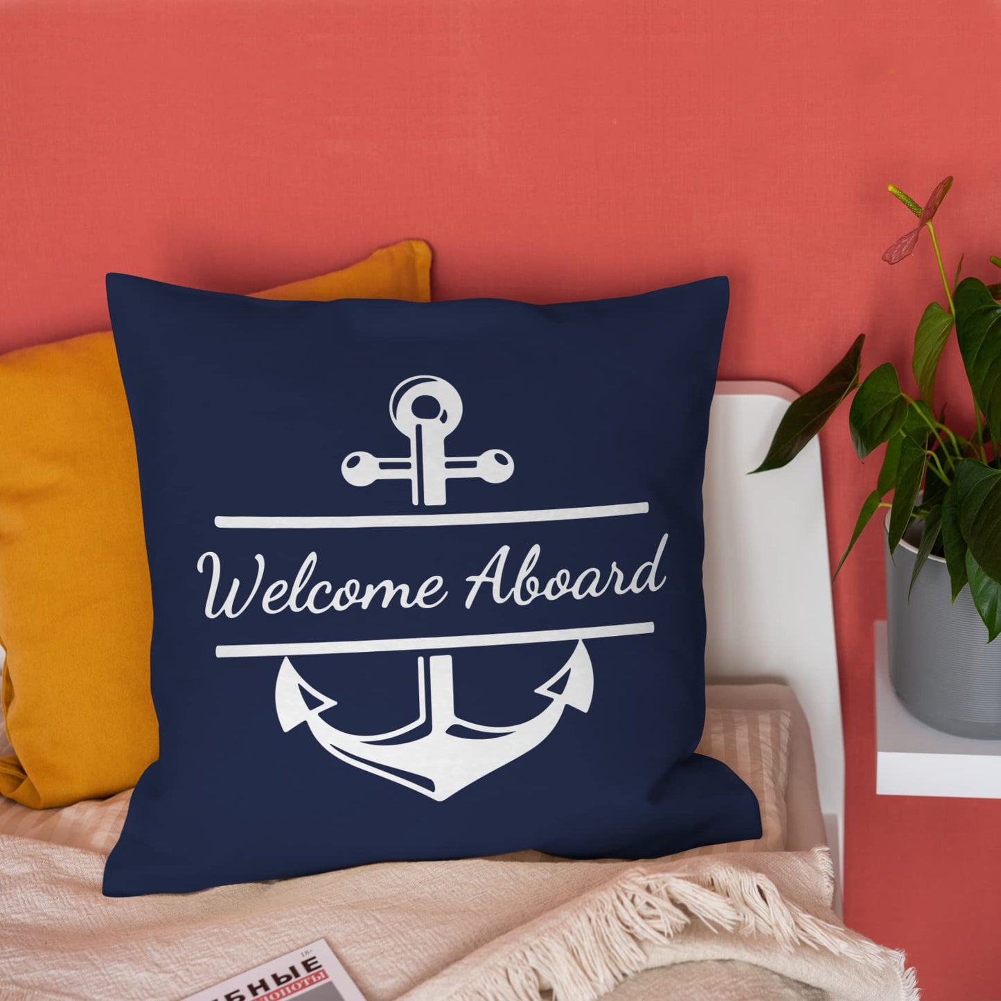Burosev Welcome Aboard Soft Throw Pillow Cover, Navy Blue Boat Anchor Decorative Pillowcase, Nautical Sailing Farmhouse Decor Decorations for Home Bedroom Sofa Living Room(18 x 18 Inch)