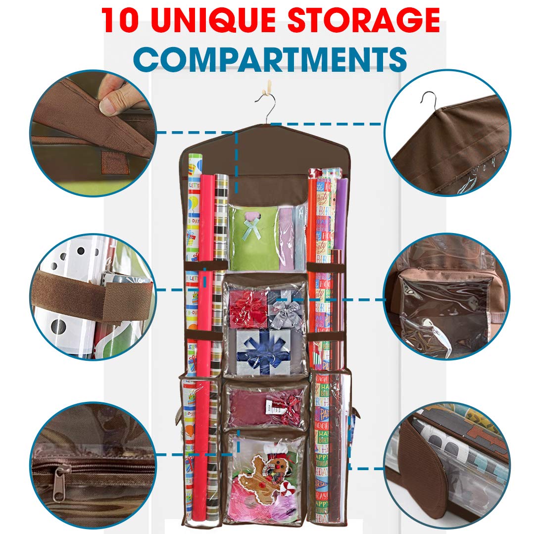 ProPik Hanging Double Sided Wrapping Paper Storage Organizer with Multiple Pockets, Organize your Gift Wrap, Gift Bags, Bows, Ribbons 40"X17" Fits 40 Inch Rolls Clear PVC Bag (Brown)