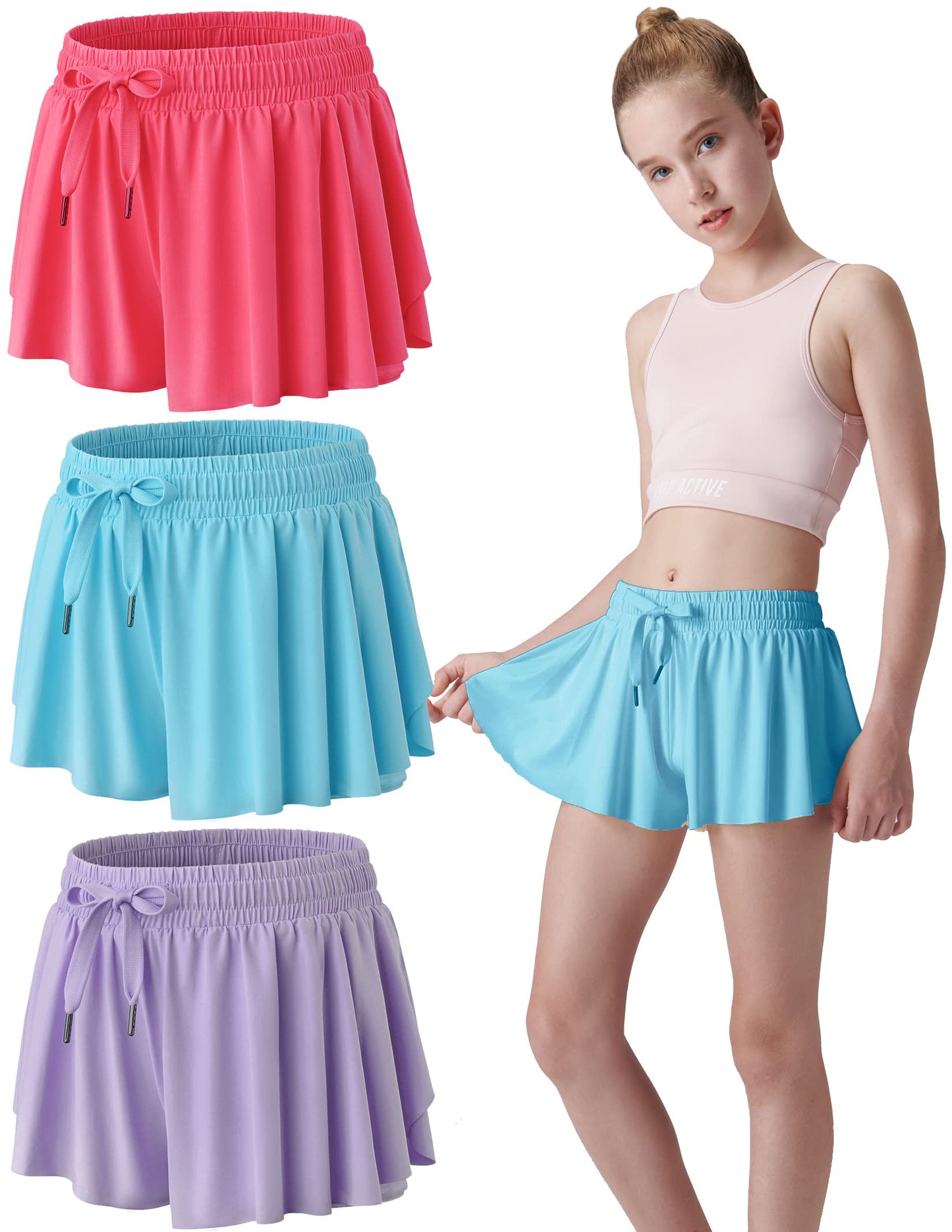 3 Pack Girls Flowy Shorts with Spandex Liner 2-in-1 Youth Butterfly Skirts for Fitness, Running, Sports