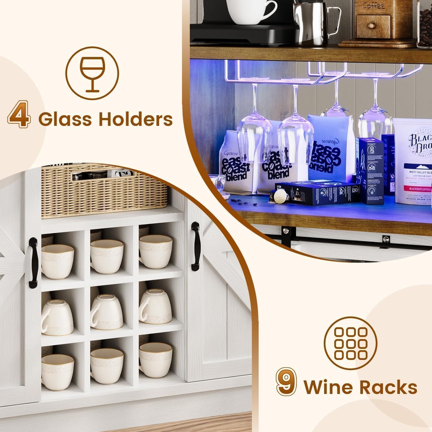 4ever2buy Farmhouse Coffee Bar with LED Lights, 47 inch Coffee Bar Cabinet with Storage, Wine Bar Cabinet with Wine and Glass Rack for Living, Dining Room, White