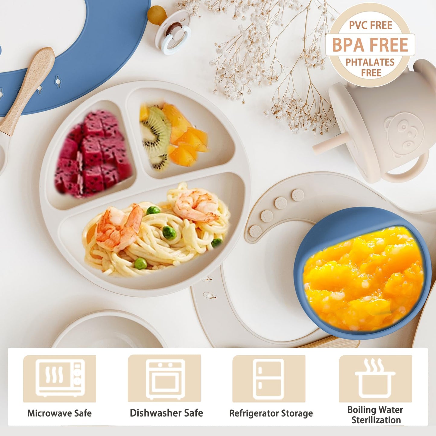 Munlinder Silicone Baby Feeding Set | Baby Led Weaning Supplies Includes Suction Bowls and Divided Plates, Adjustable Bib, Baby Utensils Spoons and Forks,Cup | Baby Feeding Essentials (Beige)