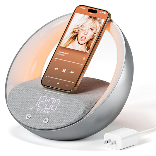 FUNFOR Bluetooth Alarm Clock, Sunrise Simulation Wake Up Night Light, 15W Fast Wireless Charging Alarm Clock for Bedroom, 10W Bluetooth Stereo Sound Speaker, USB Charger Port