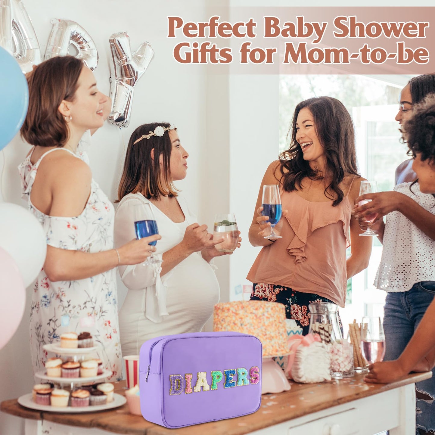 Portable Small Diaper Bag, Chenille Letter Diaper Caddy Organizer Pouch Newborn Baby Essentials Must Haves for Nursery Changing Table, Purple Waterproof Diaper Pail Baby Shower Gifts for Mom To Be