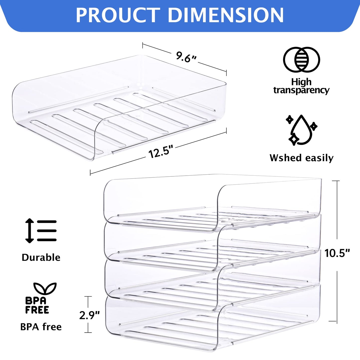 Set of 4 Office Organization and Storage, Clear PET Letter Tray Desk Organizer, Stackable Document and File Paper Organizer for Office Supplies