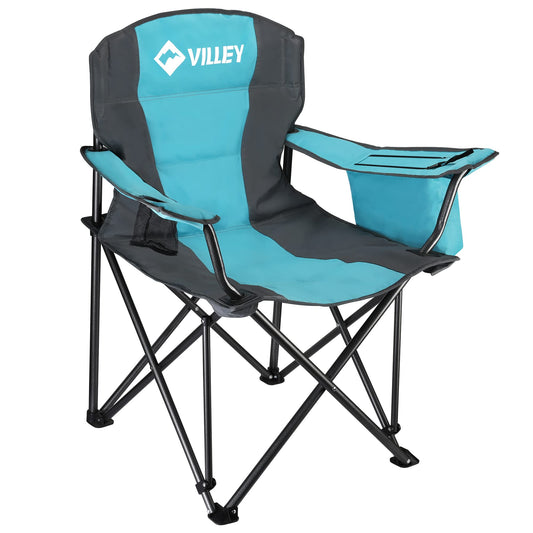 VILLEY Camping Chair, Oversized Folding Camp Chair, Portable Outdoor Chairs Support 400 LBS with Padded Seats, Cooler Bag, Cup Holder, Carry Bag, Blue