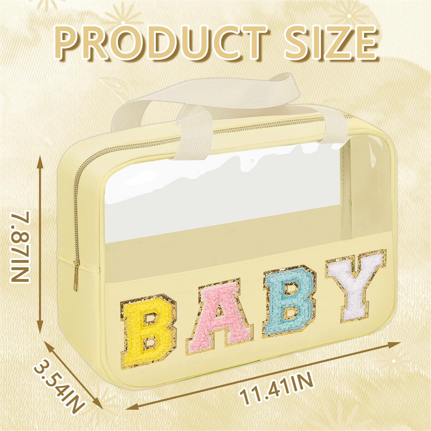 Iqimott Chenille Letter Patch Baby Bag, Preppy Clear Makeup Cosmetic Bag Large Toiletry Storage Tote Bag with Handle, Transparent Nylon Waterproof Organizer Zipper Pouch for Travel Women Girls(Beige)