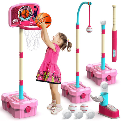 Kids Basketball Hoop and T-Ball Set for Kids 3-5, 3 Adjustable Toddler Basketball Hoop Indoor Outdoor Kids Toys Birthday Gift for Boys Girls