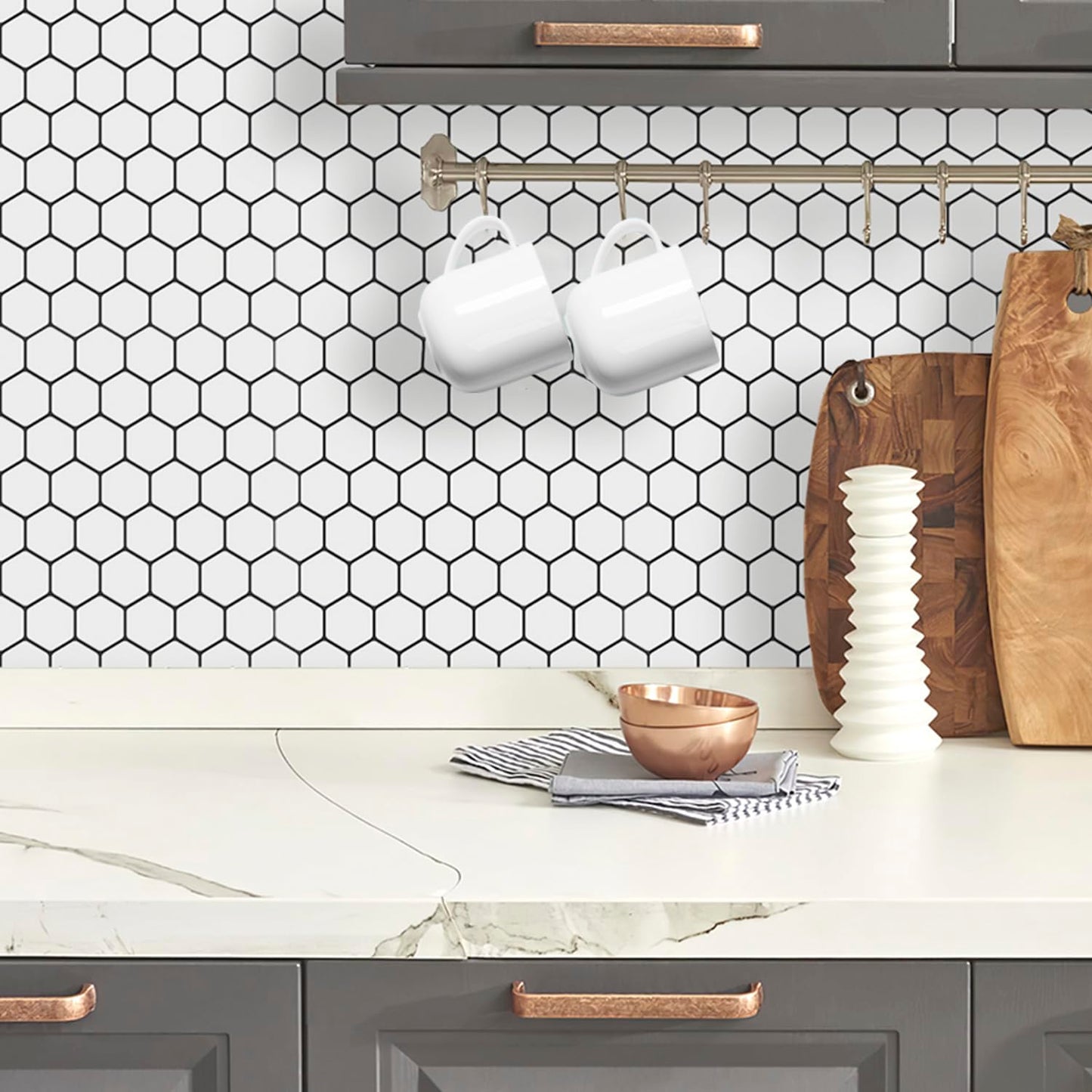 DÉCOR WOW Peel & Stick Backsplash for Kitchen & Bathroom, (8) 12x12-inch Sheets Covers 8 Sq. Ft, White Hexagon