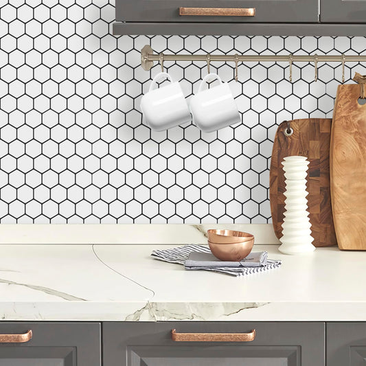 DÉCOR WOW Peel & Stick Backsplash for Kitchen & Bathroom, (8) 12x12-inch Sheets Covers 8 Sq. Ft, White Hexagon