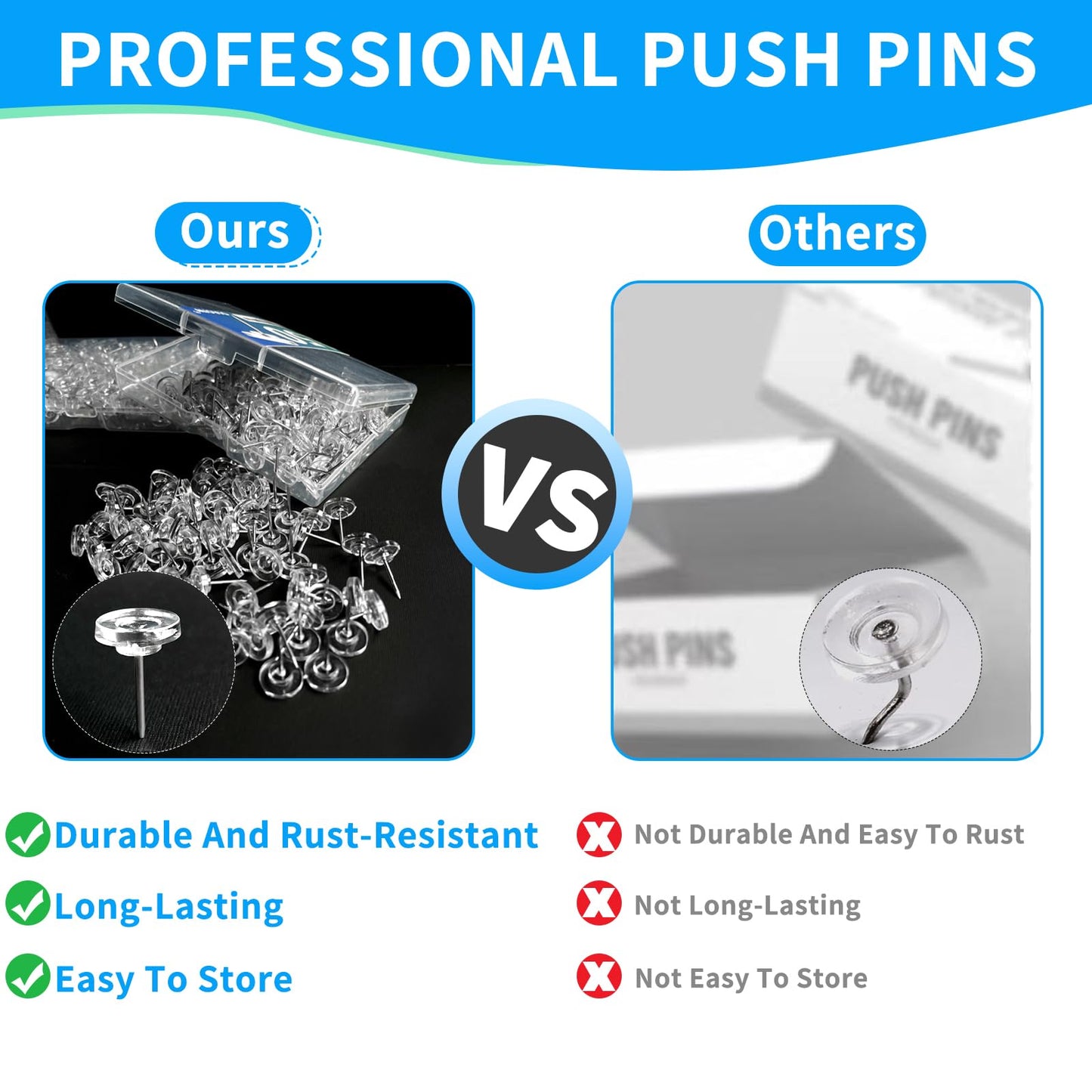 150 PCS Clear Push Pins Tacks Count in Reusable Box for Bulletin Boards and Wall Displays Heavy Duty Plastic Head