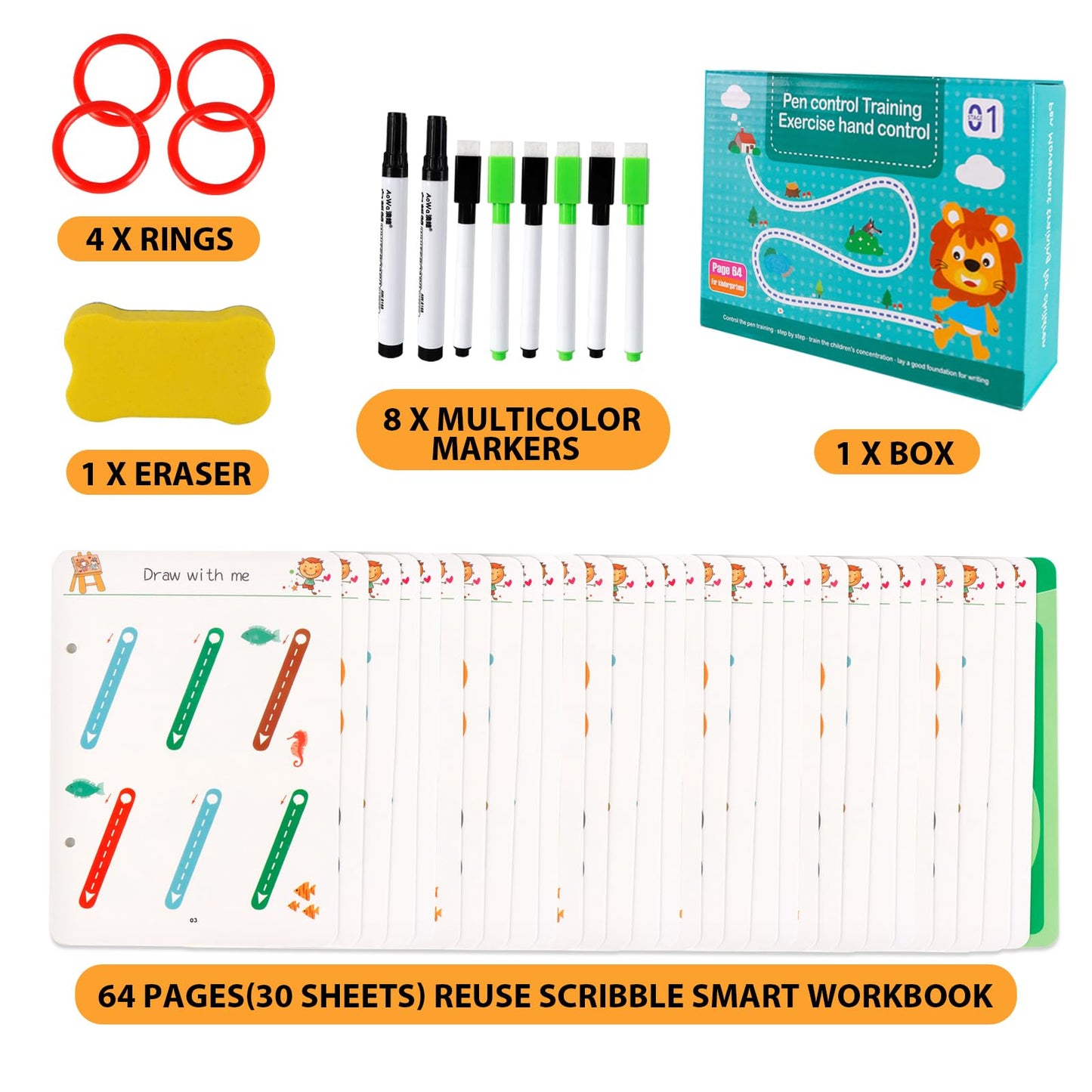 Generic Scribble Smart Workbook - Reusable Workbooks for Kids, Little Curious Mind Scribble Smart Reusable Workbook, Workbook Handwriting Practice Tracing Books for Kids, 8 Pens, Blue01, TYB-01