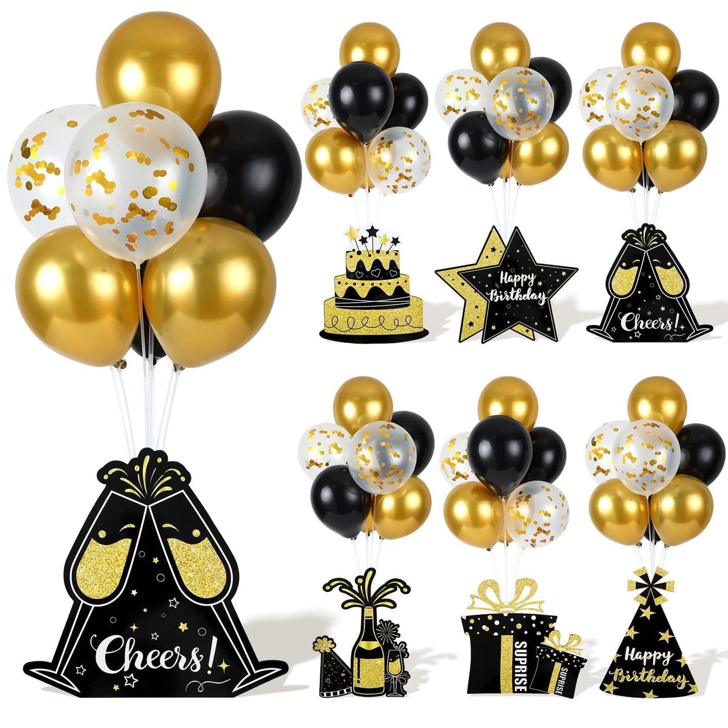 6 Sets Balloon Stand Kit for Table Happy Birthday Black Gold Balloon Centerpiece Decor Black and Gold Balloon Stand Kit for 40th 50th 60th 70th Birthday Party Decoration
