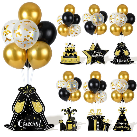 6 Sets Balloon Stand Kit for Table Happy Birthday Black Gold Balloon Centerpiece Decor Black and Gold Balloon Stand Kit for 40th 50th 60th 70th Birthday Party Decoration