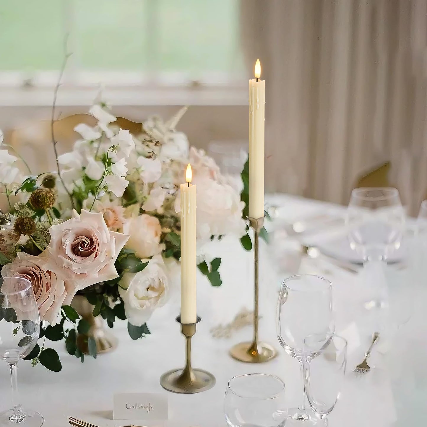 Zevanor Rechargeable Flameless Timer Remote Taper Candles, 2pcs 0.86" x10" LED Flickering Dripping Wax Window Tall Fake Ivory Plastic Candlesticks(USB Charging Cable Included)