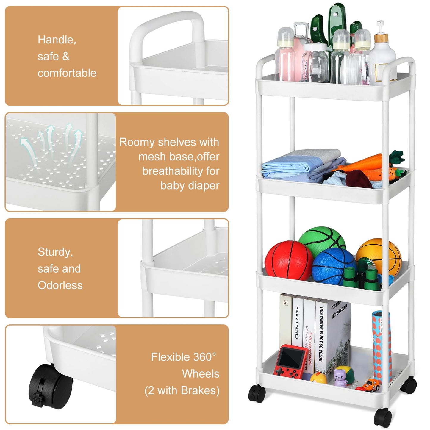 Barydat Baby Diaper Caddy Organizer, Rolling Plastic Movable Diaper Cart Essentials Baby Diapers Storage Organizer Newborn Nursery Essentials for Changing Tables, Crib, Wipes