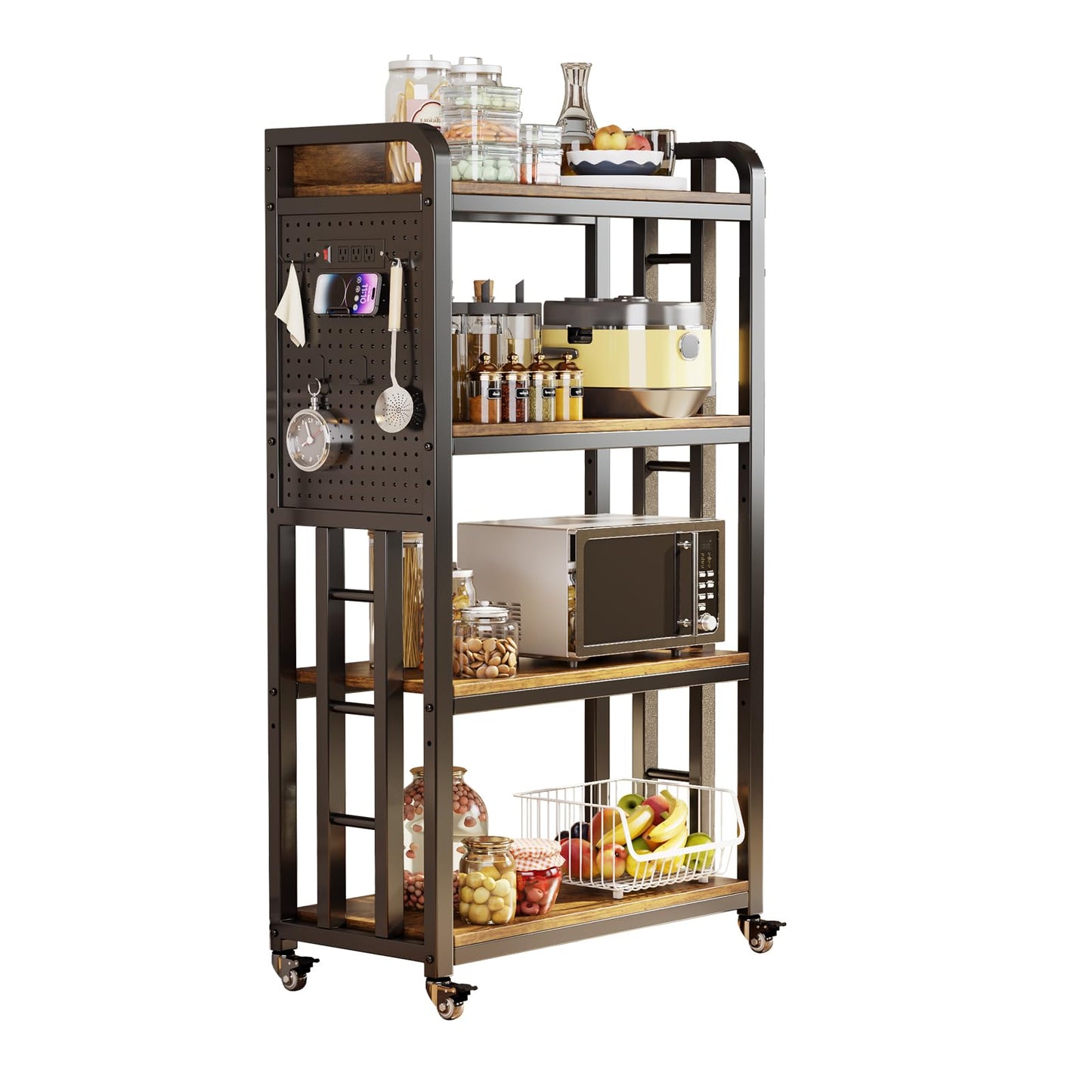 Kitchen Bakers Rack with Power Outlet,With pegboard Bakers Racks,Microwave Oven Stand with Storage 4 Tiers,microwave stand， for Living Room, Dining Room, Coffee Bar(Rustic Brown, 15.75x25.2x55)