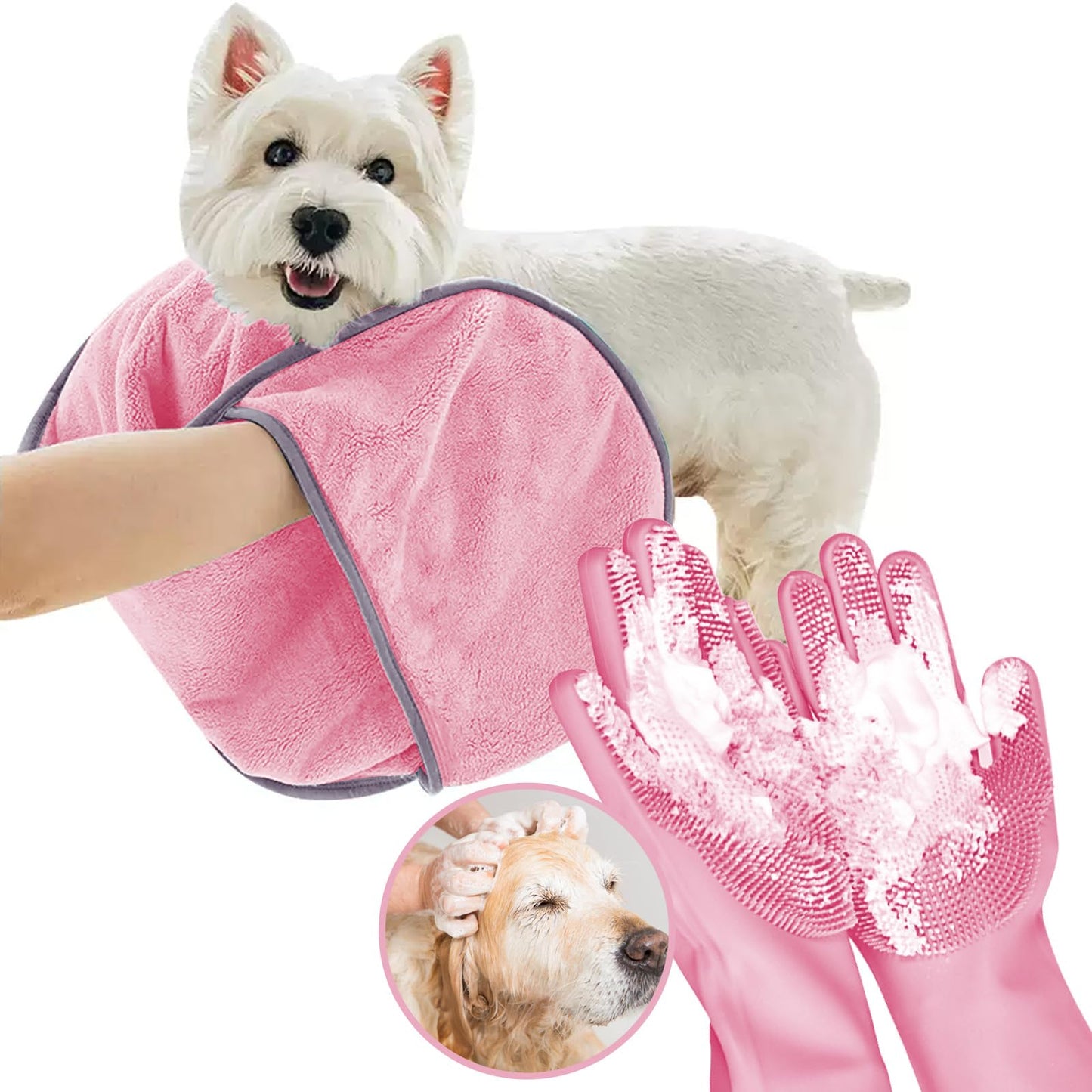 KUEIOX Dog Washing Gloves - Quick Drying Dog Towel,Cat Bath Grooming Gloves Brush with High-Density Teeth for Bathing Massaging，Absorbent Pet Bath Towel 30.3"x13.8" with Hand Pocket for Dog Cat Pink