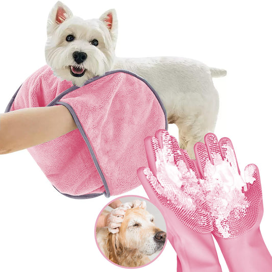 KUEIOX Dog Washing Gloves - Quick Drying Dog Towel,Cat Bath Grooming Gloves Brush with High-Density Teeth for Bathing Massaging，Absorbent Pet Bath Towel 30.3"x13.8" with Hand Pocket for Dog Cat Pink