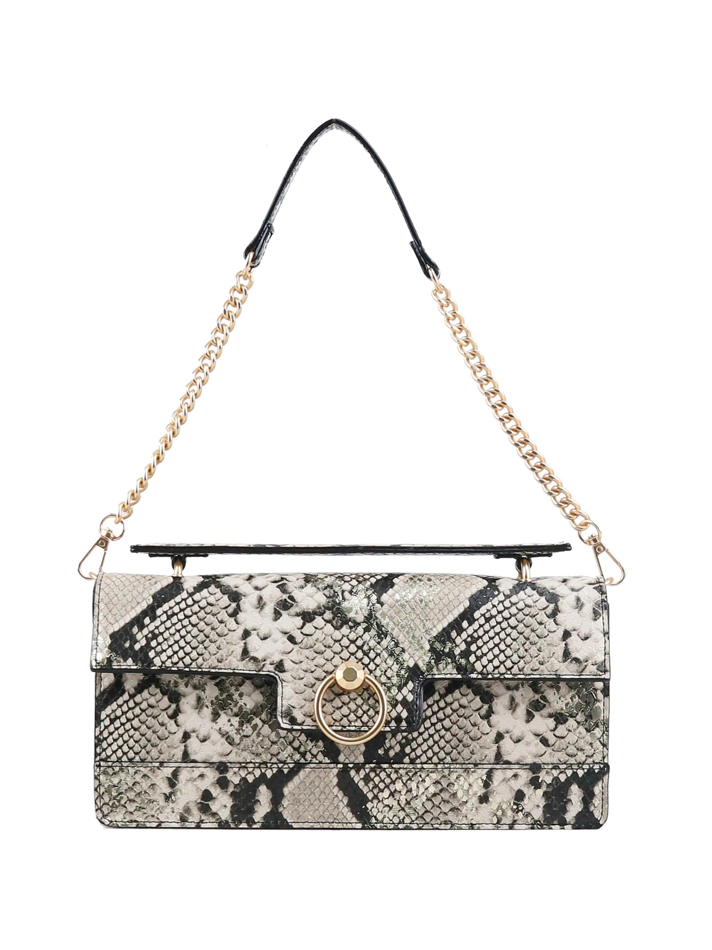 Jessica Simpson Brooke Clutch, Stylish Shoulder Bag with Chain Strap Accents, French Latte Metallic Gold Python