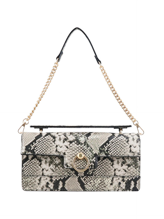 Jessica Simpson Brooke Clutch, Stylish Shoulder Bag with Chain Strap Accents, French Latte Metallic Gold Python