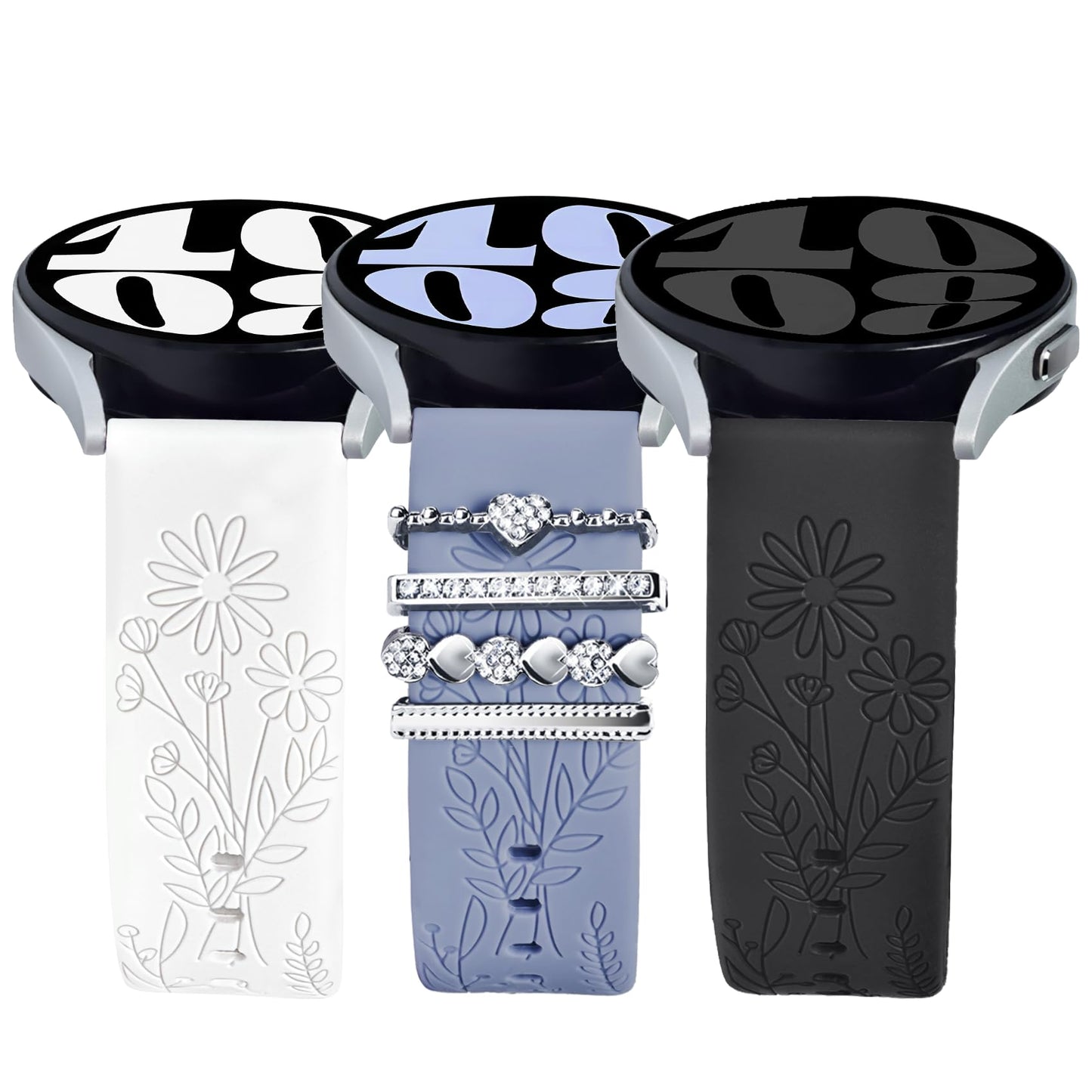 ORATYFAN Bands for Samsung Galaxy Watch 7/6/5/4/FE Band 40mm 44mm with Charms, 20mm Women Flower Engraved Silicone Replacement Strap for Galaxy Watch 5 Pro/Watch 3/Galaxy Active 2/Watch 4 Classic