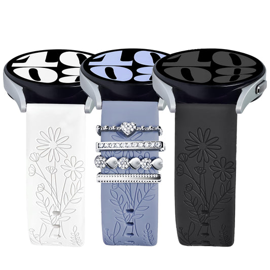 ORATYFAN Bands for Samsung Galaxy Watch 7/6/5/4/FE Band 40mm 44mm with Charms, 20mm Women Flower Engraved Silicone Replacement Strap for Galaxy Watch 5 Pro/Watch 3/Galaxy Active 2/Watch 4 Classic