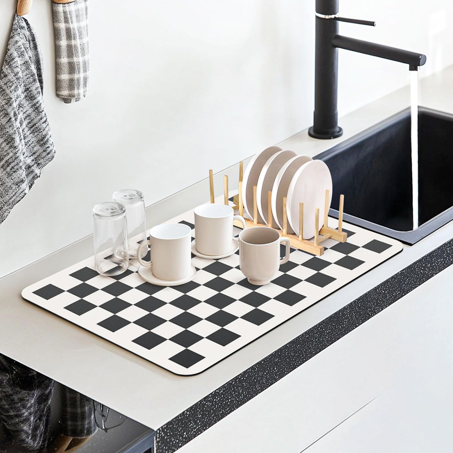 Kitchen Dish Drying Mat, 24"x16" Large Dish Drying Mats for Kitchen Counter, Checkered Black White Super Absorbent Dish Drying Pad, Diatomite Coffee Mat Heat with Anti-slip Rubber Backed