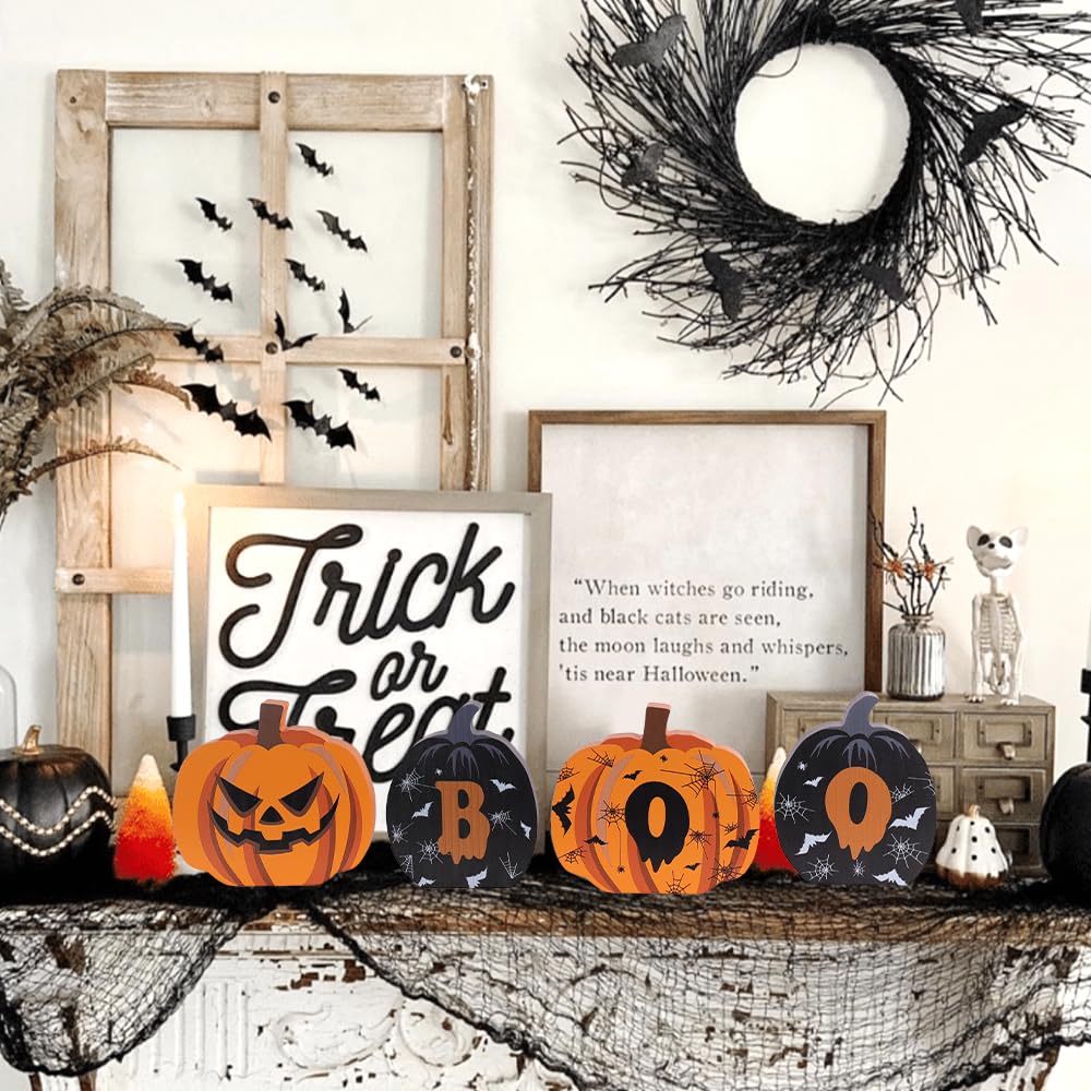 DECSPAS Fall Decorations for Home & Halloween Decorations Indoor, Double-Sided Pumpkin Wood Sign with Fall & Boo Lettered, Autumn Wooden Block Set for Table, Tiered Tray, Mantle, Thanksgiving Decor