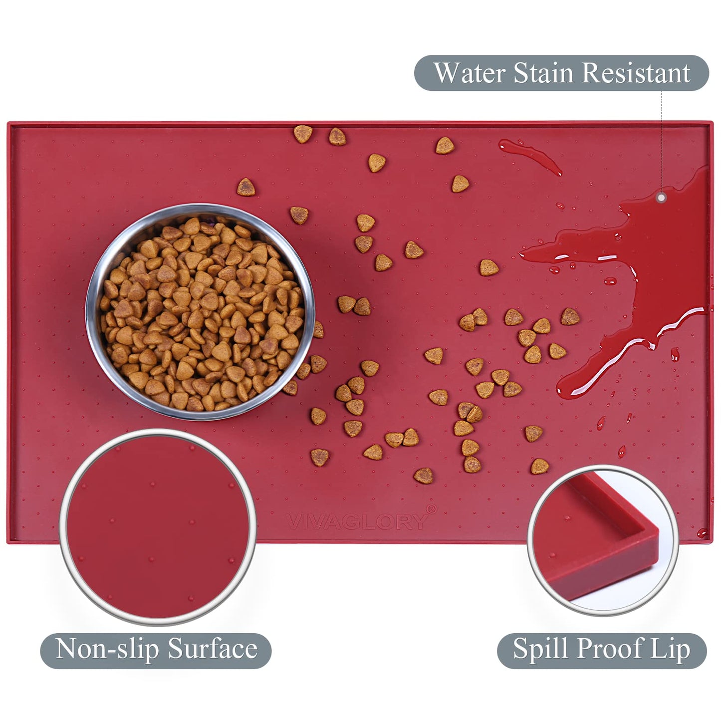 VIVAGLORY Dog Food Mat, Cat Dog Feeding Mat, Waterproof Non-Slip Food Grade Silicone Mat Placemat with Raised Edge, Anti-Messy Pet Bowl Mat for Food and Water, Burgundy, S(19"x12")