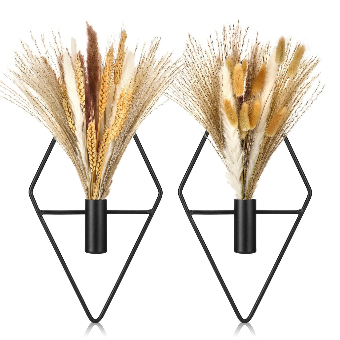 Peryiter 2 Pcs Small Boho Wall Decor Hanging Planters with Artificial Pampas Metal Wall Art Modern Home Decor Display Art for Bedroom Bathroom Living Room(Black)