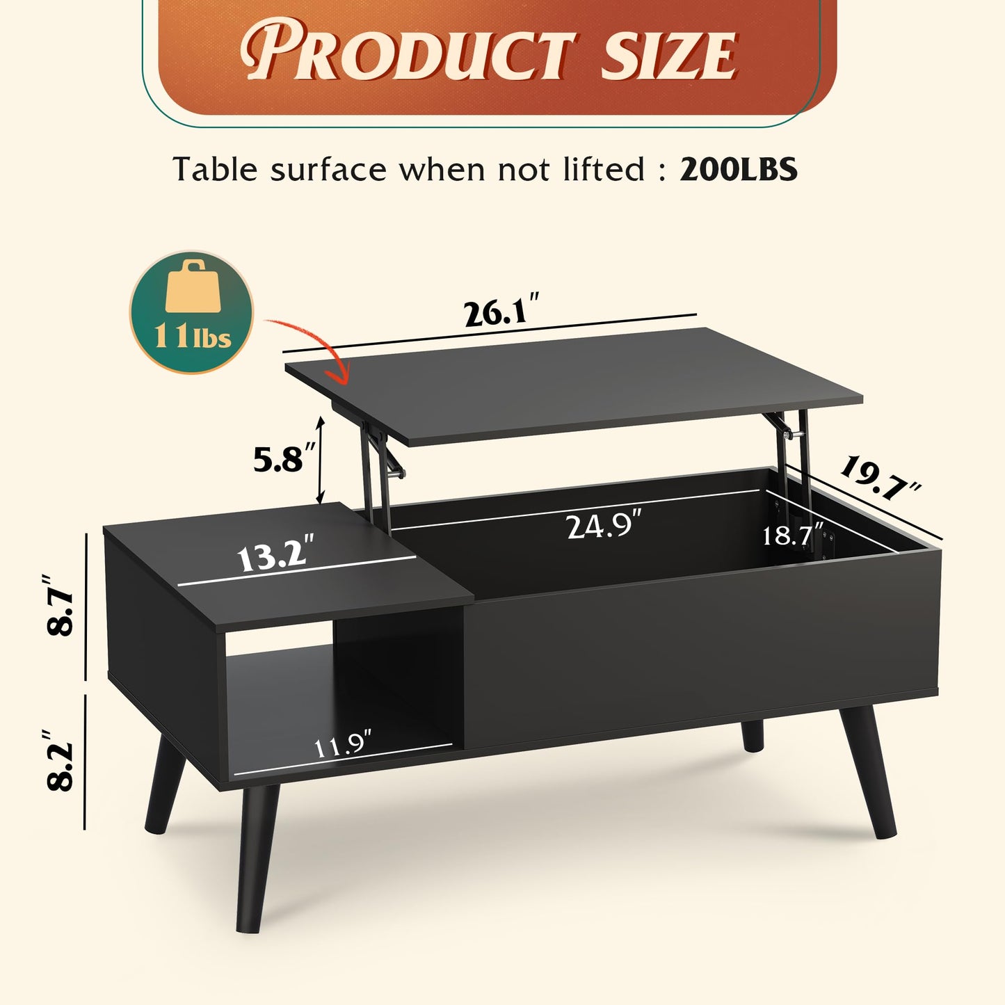 WLIVE Coffee Table for Living Room, Lift Top Coffee Table with Storage, Small Rising Wooden Dining Center Table with Storage Shelf & Hidden Compartment, 39" Black