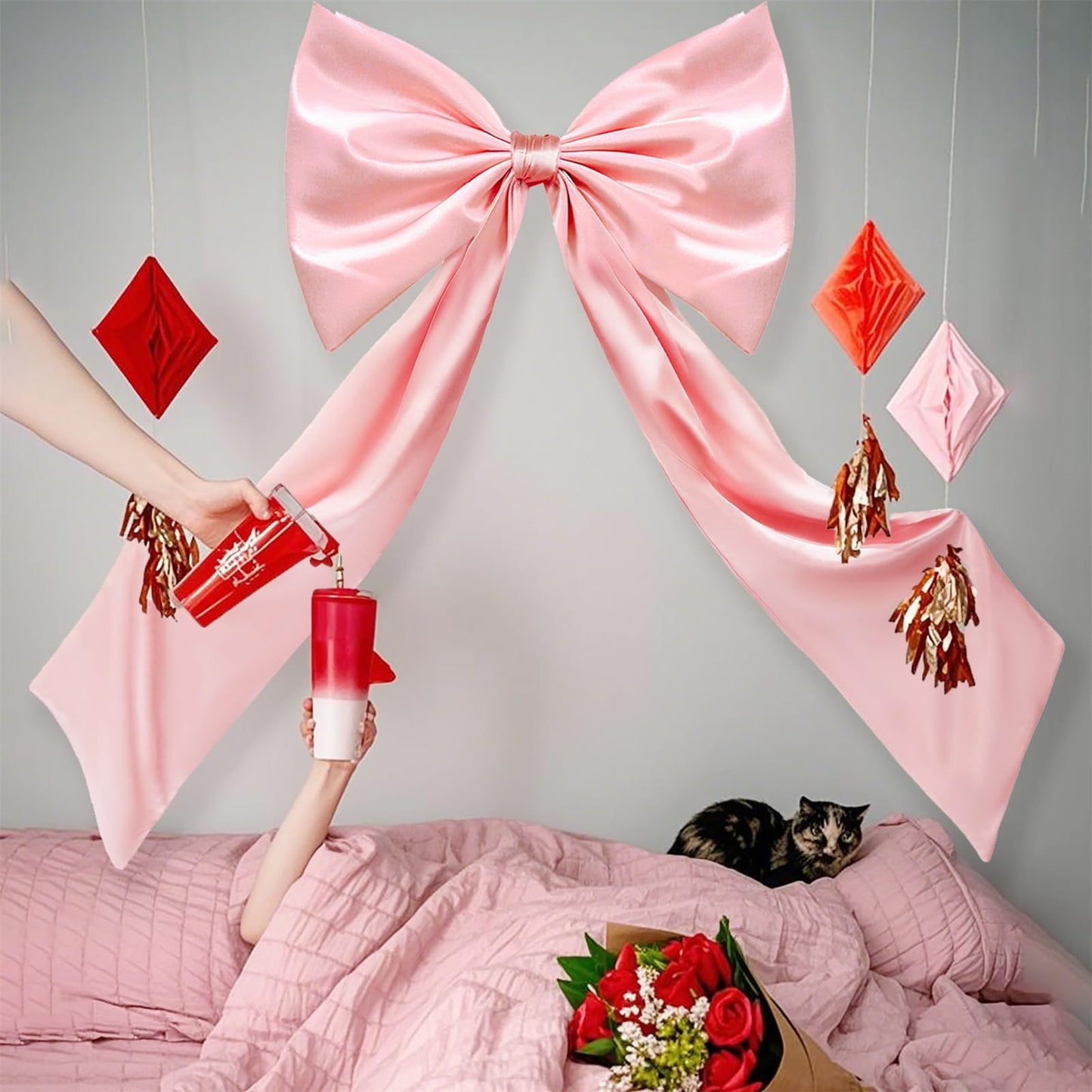 Coquette Large Satin Bow, 24 x 42 Inches, Pink Giant Bow Ribbon Tie for Coquette Room Decor, Birthday Party Backdrop Wall Decoration (Pink)