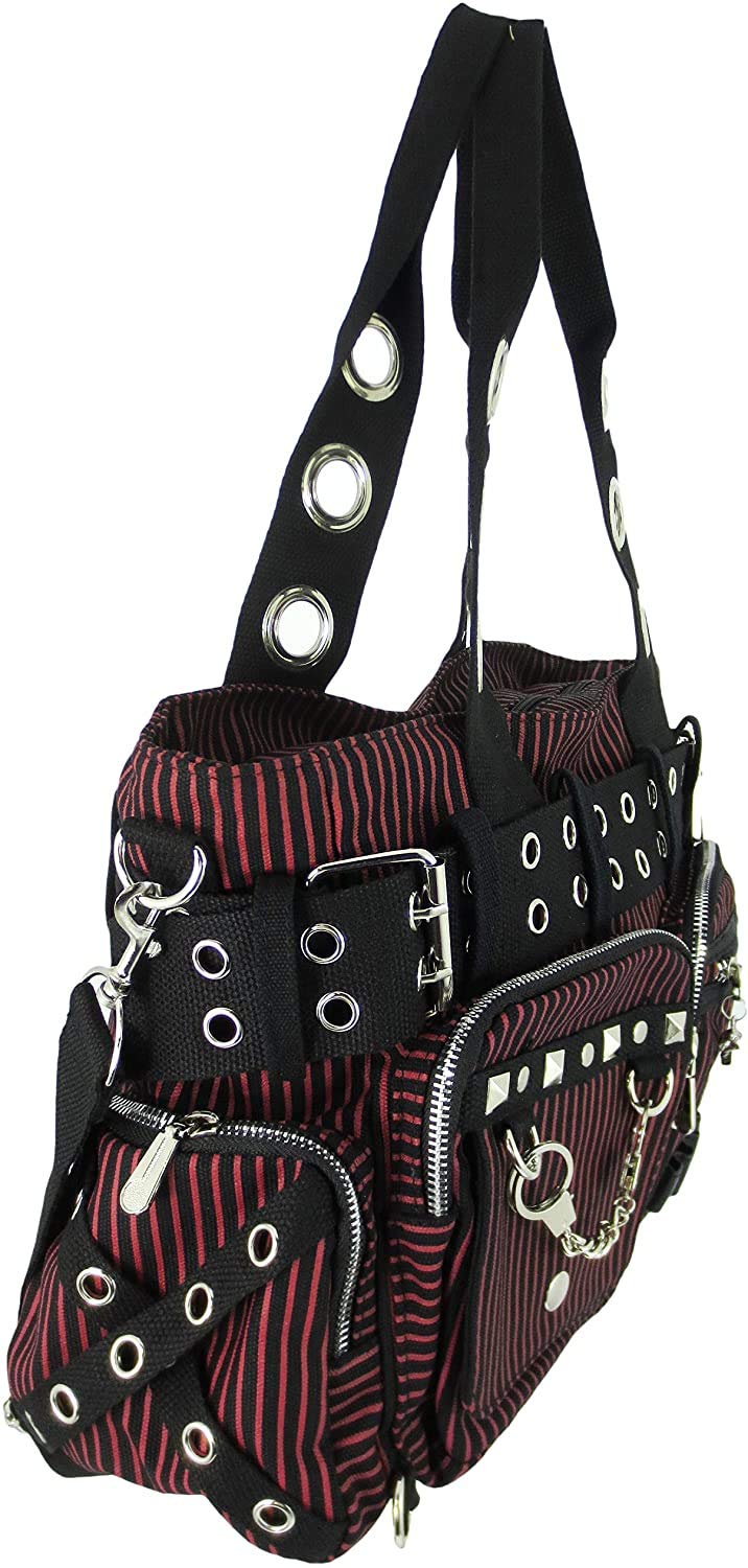 Lost Queen Striped Punk Rock Steampunk Purse with Handcuff Skull Charm (Red)