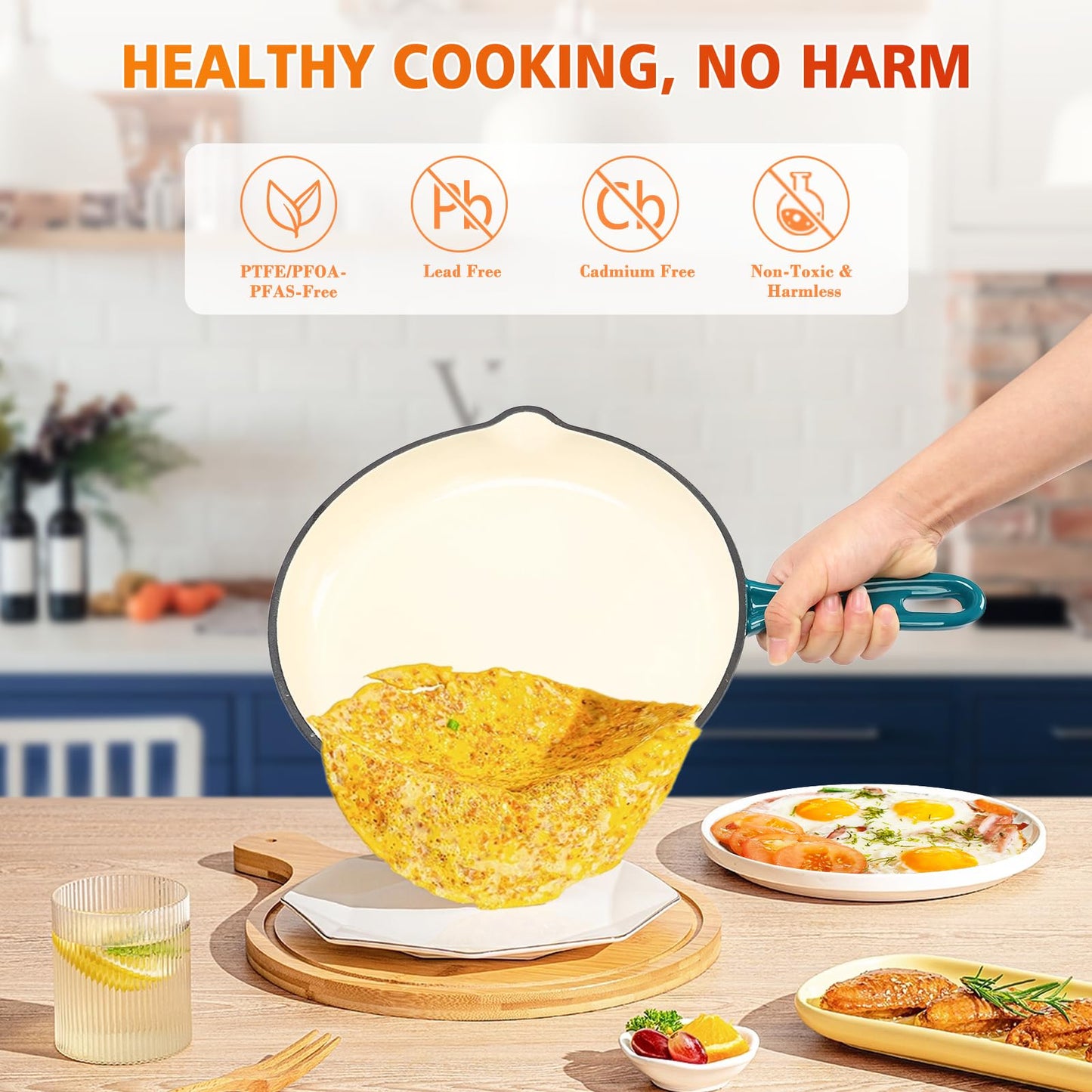 Hisencn 7-Piece Enameled Cast Iron Cookware Set-Dutch Ovens, Skillet & Saucepan with Lids- Ceramic Coated, Heavy Duty, Gas/Induction Compatible, Oven Safe to 550°F, PFOA-Free, Biscay Blue